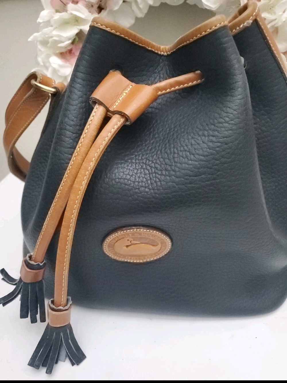 Dooney & Bourke Black Pebble Leather Bucket Bag Drawstring Tassel Shoulder Bag